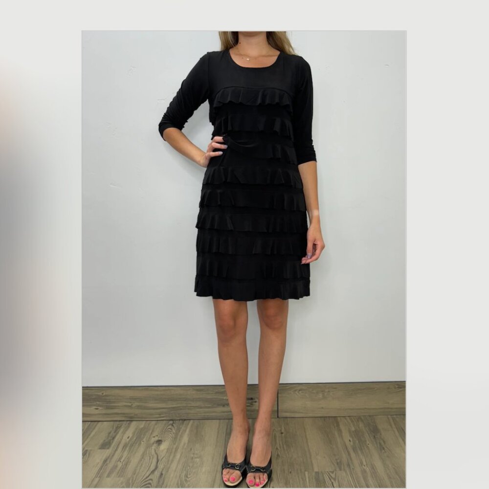 Solid Black Scoop Neck Ruffle Dress with 3/4 Sleeve